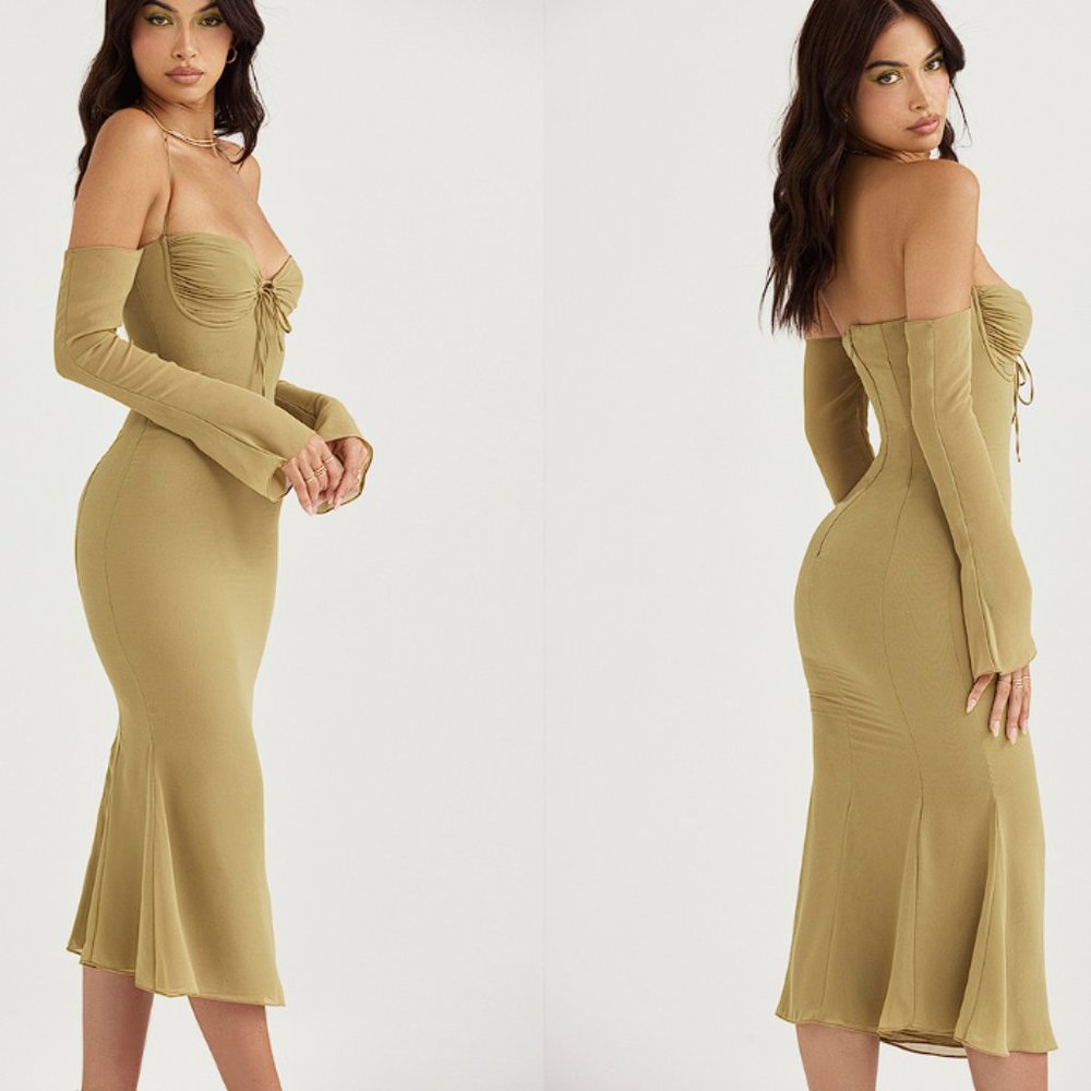 HOUSE OF CB 'Naomi' Olive Halter Midi Dress NWOT - Picture 4 of 9